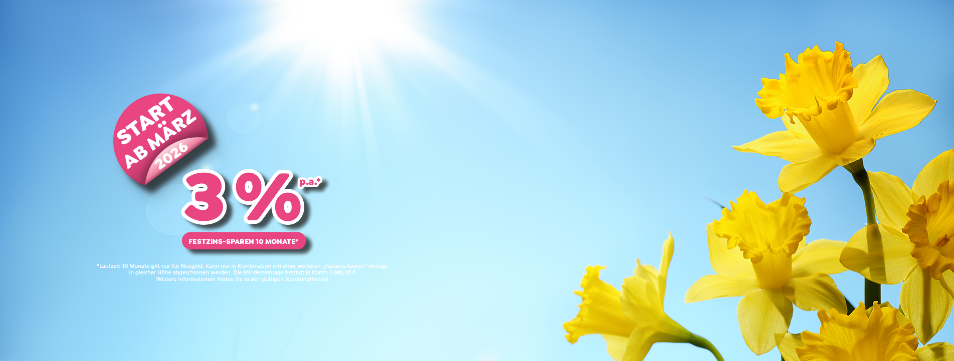 Header Frühlings-Zins-Offensive ab März 2026 mit bis zu 3 % Zinsen p.a. für 10 Monate. Es gelten die aktuellen Sparkonditionen.