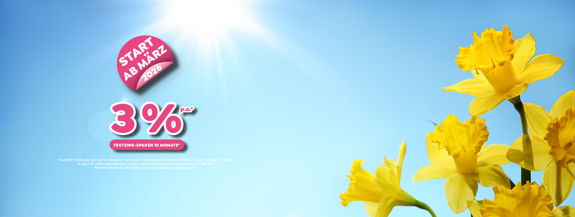Header Frühlings-Zins-Offensive ab März 2026 mit bis zu 3 % Zinsen p.a. für 10 Monate. Es gelten die aktuellen Sparkonditionen.