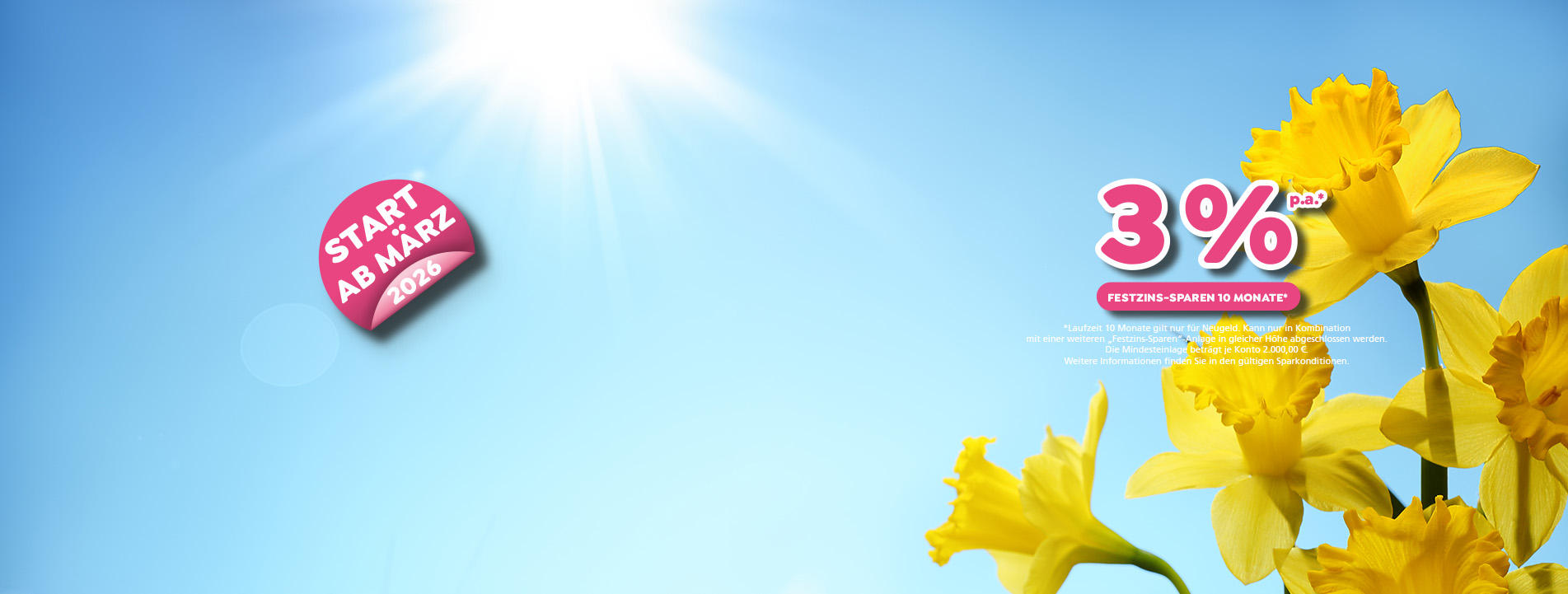 Header Frühlings-Zins-Offensive ab März 2026 mit bis zu 3 % Zinsen p.a. für 10 Monate. Es gelten die aktuellen Sparkonditionen.