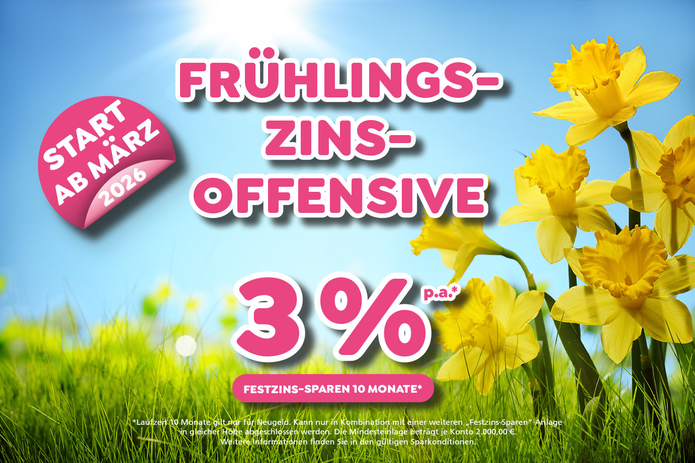 Teaser Frühlings-Zins-Offensive ab März 2026 mit bis zu 3 % Zinsen p.a. für 10 Monate. Es gelten die aktuellen Sparkonditionen.
